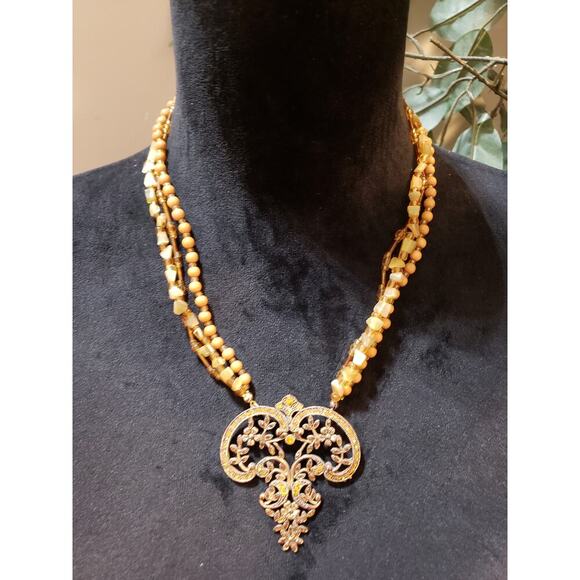 Womens 3 Strand Yellow Chunky Beads Encrusted Crystals Filigree Pendant Necklace - Picture 1 of 6